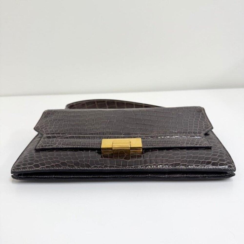 HERMES Vintage Gray Crocodile Shoulder Bag Gold Hardware Exotic Leather Handbag - Picture 4 of 10